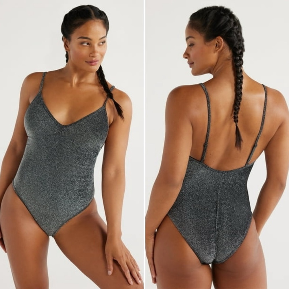 💥Love & Sports Amalfi Women’s Metallic V-neck One-Piece Swimsuit, black, Large